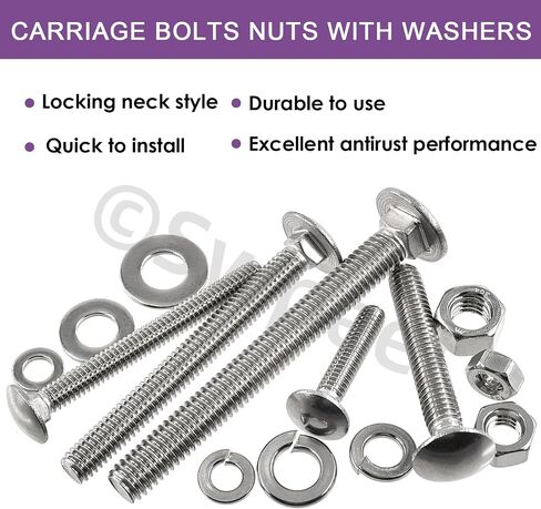 Swpeet 80Pcs 5 Sizes 1/4", 5/16", 3/8", Carriage Bolts Screws Nut Washer Assortment Kit, 304 Stainless Steel Round Head Square Neck Screws, Full Thread Carriage Bolts, Hex Nuts, Flat/Lock Washers in Saudi Arabia