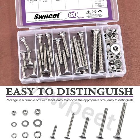 Swpeet 80Pcs 5 Sizes 1/4", 5/16", 3/8", Carriage Bolts Screws Nut Washer Assortment Kit, 304 Stainless Steel Round Head Square Neck Screws, Full Thread Carriage Bolts, Hex Nuts, Flat/Lock Washers in Saudi Arabia