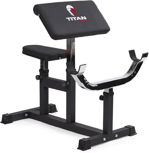 Titan Fitness Adjustable Preacher Curl Weight Station, 250 LB Capacity, Adjustable Bench Seat, Adjustable Arm Rest, Durable Bar Catches, Seated Home Gym Barbell and Dumbbell Biceps Station in Kuwait