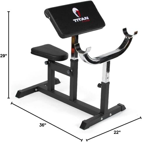 Titan Fitness Adjustable Preacher Curl Weight Station, 250 LB Capacity, Adjustable Bench Seat, Adjustable Arm Rest, Durable Bar Catches, Seated Home Gym Barbell and Dumbbell Biceps Station in Kuwait