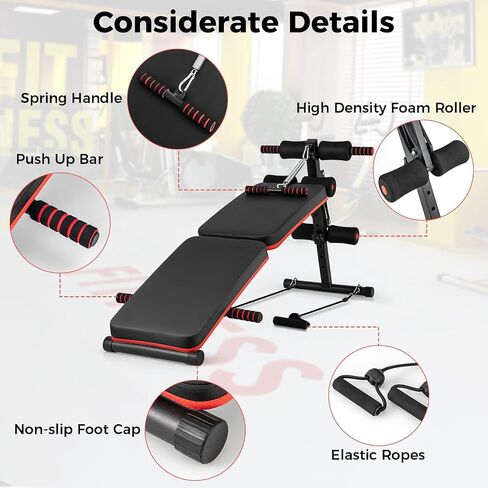 Gymax Sit Up Bench ، 330 رطلاً قابلة للطي مقعد تجريب مع مقبض الربيع ، والحبال المرنة و 4 مستوى قابل للتعديل مستوى ، ومقعد للوزن المنحدر للسيزوب ، و AB Crunch ، و Ength Strength Emorner for Home Gym in Saudi Arabia