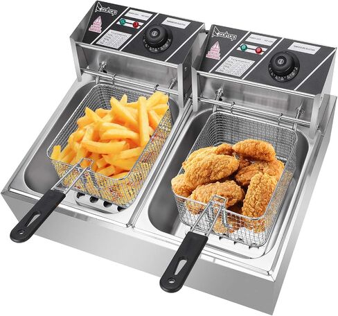 EH102V 24.9QT الفولاذ المقاوم للصدأ الصلب المزدوج الدبابة Deep Fryer 3400W مع مؤقت وحنفية - الخدمة الثقيلة للمطاعم ، والاستخدام المنزلي (سلة 2X8L ، ونظام تصريف الزيت) in Saudi Arabia