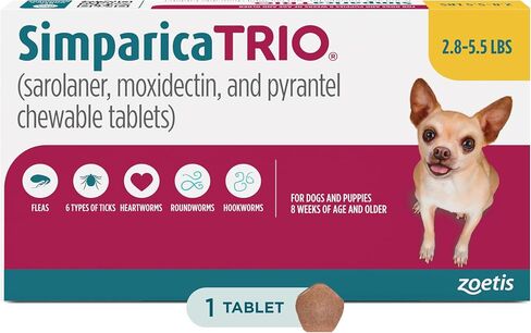 Simparica Trio (sarolaner, moxidectin, and pyrantel chewable Tablets) Chewables for Dogs, 48 mg/tab, 44.1-88 lbs, (Green), 6 Tablets in Saudi Arabia