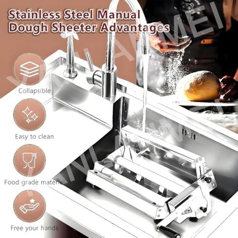 Folding Manual Dough Sheeter for Bakery & Pizza - Adjustable Stainless Steel Rolling Pin 0-25mm Thickness, Ideal for Croissants - Commercial & Home Use, Model 300 in Kuwait