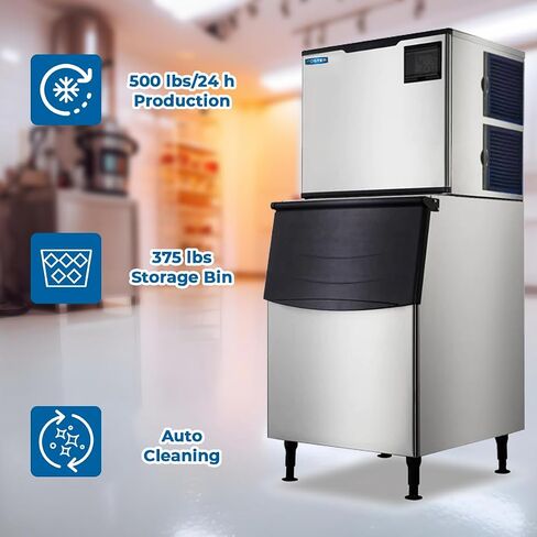 Commercial Ice Maker 500 Pounds Per Day, 505 lbs Storage Bin – Stainless Steel, Industrial Modular Full Dice Ice Cube Machine, Quiet Operation, Air Cooling System, Self-Cleaning in Saudi Arabia