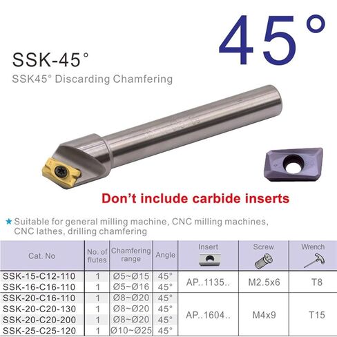 SSK45DGREE Chamfer Cutter Tool مخرطة Tungsten Steel Milling Cutter APMT Carbide Insert Holder Charmfering 1PCs (SSKC16-20-130) in Kuwait