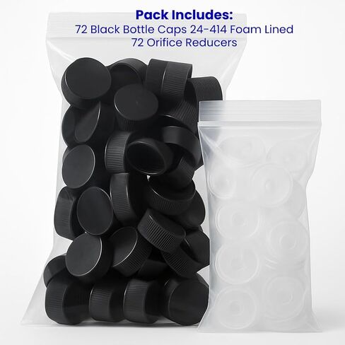 Black Screw Caps 24-414, Foam Lined Plastic Bottle Caps with Orifice Reducers Fitment for 5 oz & 10 oz Woozy Bottles, Leak Proof, Made in USA (72) in Kuwait