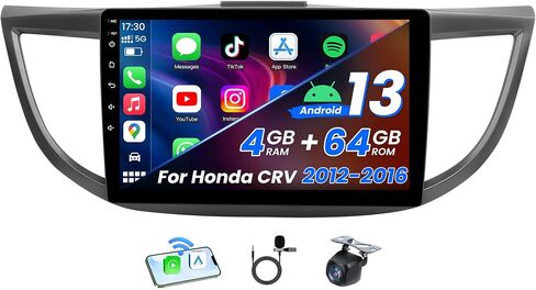 Radio for Honda CRV 2012-2016: 8Core 4G+32G Adroid 13 Stereo Car مع Carplay Android Auto ، 10inch 1280p HD IPS Louch Screen 5.0 Bluetooth GPS WiFi RDS FM Radio SWC 1080 AHD Camera Backup Camera in Kuwait