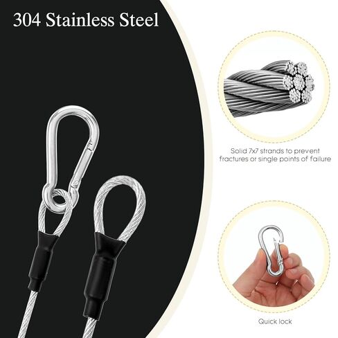 4 Pcs 1/8" 2ft Safety Cables, Stainless Steel Wire with Lock Ropes Stage Light Security Cable Ropes Heavy Duty Bike Lock Hook Cable Wire for DJ Stage Light Luggage Clothes Line in Saudi Arabia
