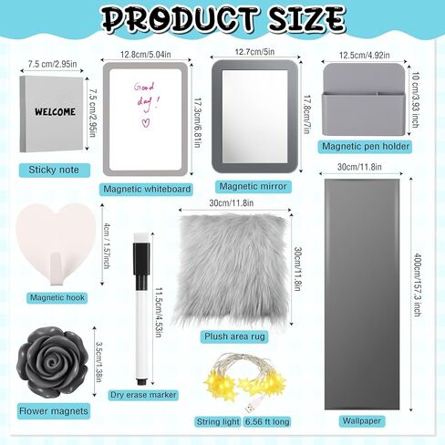 12 PCS Locker Accessories Kit Magnetic Mirror Pen Ben Hook Whiteboard Whoodboard Wallpaper Brug Bruck -String Light Light For Back to School Essentials Decoration (Gold ، Marble) in Kuwait