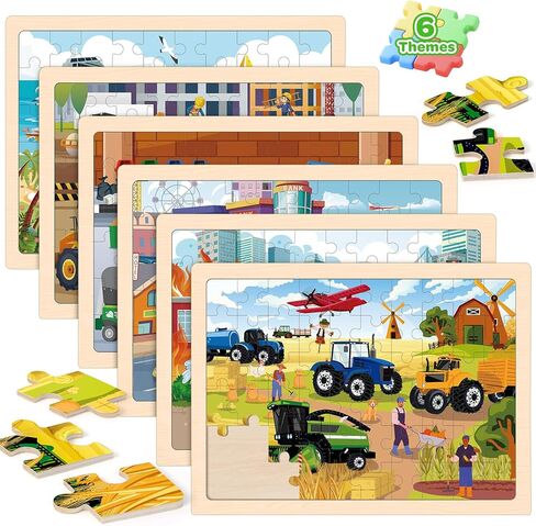 LACCHOUFEE 6 Pack Wooden Vehicle Puzzles for Kids Age 3 4 5 Year Old, 60 Pcs Montessori Toddler Animals Jigsaw Puzzles for Girl boy Activities Preschool Learning Birthday Gift Travel Autistic Toy in Saudi Arabia