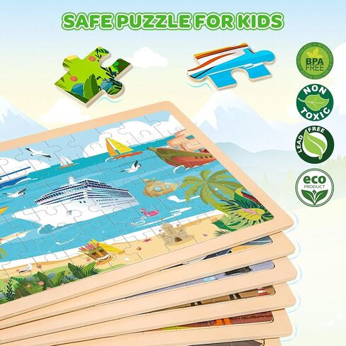 LACCHOUFEE 6 Pack Wooden Vehicle Puzzles for Kids Age 3 4 5 Year Old, 60 Pcs Montessori Toddler Animals Jigsaw Puzzles for Girl boy Activities Preschool Learning Birthday Gift Travel Autistic Toy in Saudi Arabia