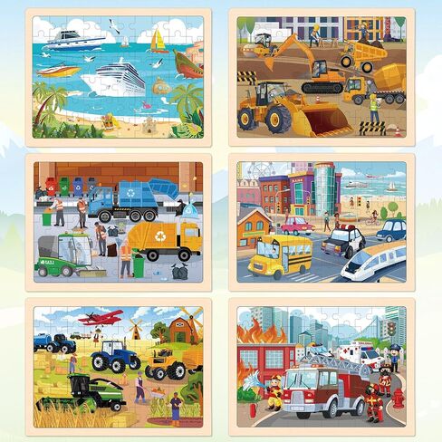 LACCHOUFEE 6 Pack Wooden Vehicle Puzzles for Kids Age 3 4 5 Year Old, 60 Pcs Montessori Toddler Animals Jigsaw Puzzles for Girl boy Activities Preschool Learning Birthday Gift Travel Autistic Toy in Saudi Arabia