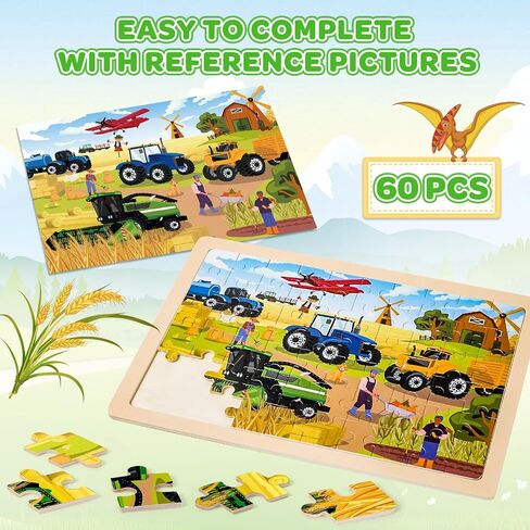 LACCHOUFEE 6 Pack Wooden Vehicle Puzzles for Kids Age 3 4 5 Year Old, 60 Pcs Montessori Toddler Animals Jigsaw Puzzles for Girl boy Activities Preschool Learning Birthday Gift Travel Autistic Toy in Saudi Arabia