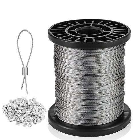 400FT 1/32" T316 Stainless Steel Wire Rope 7x7 Strands Cable with 100 Pcs Aluminum Crimping Sleeves Silver Metal Wire for Garden Decoration Hanging Clotheslines Trellis and Light Picuture Hanging in Saudi Arabia