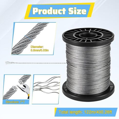 400FT 1/32" T316 Stainless Steel Wire Rope 7x7 Strands Cable with 100 Pcs Aluminum Crimping Sleeves Silver Metal Wire for Garden Decoration Hanging Clotheslines Trellis and Light Picuture Hanging in Saudi Arabia