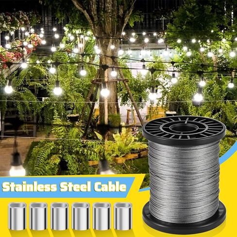 400FT 1/32" T316 Stainless Steel Wire Rope 7x7 Strands Cable with 100 Pcs Aluminum Crimping Sleeves Silver Metal Wire for Garden Decoration Hanging Clotheslines Trellis and Light Picuture Hanging in Saudi Arabia