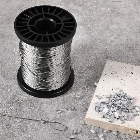 400FT 1/32" T316 Stainless Steel Wire Rope 7x7 Strands Cable with 100 Pcs Aluminum Crimping Sleeves Silver Metal Wire for Garden Decoration Hanging Clotheslines Trellis and Light Picuture Hanging in Saudi Arabia