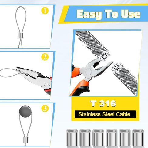400FT 1/32" T316 Stainless Steel Wire Rope 7x7 Strands Cable with 100 Pcs Aluminum Crimping Sleeves Silver Metal Wire for Garden Decoration Hanging Clotheslines Trellis and Light Picuture Hanging in Saudi Arabia