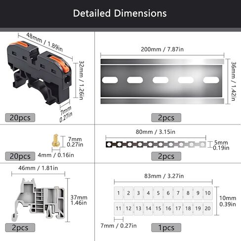 20PCS DIN Rail Terminal Blocks Kit, Inline Universal Compact Wire Wiring Connector, 20 Connectors, 2pcs Connection Bar, 2pcs Digital Identification, 20pcs Screws, 28-12 AWG in Saudi Arabia