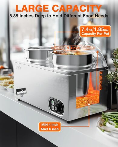 PYY Soup Warmer Commercial - Two 7.4QT Stainless Steel Bain Marie Round Pot 86~185°F Adjustable Temp, 1500W Electric Soup Warmer Countertop with Anti-Dry Burn and Reset Button for Restaurant, Buffet in Saudi Arabia