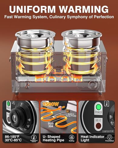 PYY Soup Warmer Commercial - Two 7.4QT Stainless Steel Bain Marie Round Pot 86~185°F Adjustable Temp, 1500W Electric Soup Warmer Countertop with Anti-Dry Burn and Reset Button for Restaurant, Buffet in Saudi Arabia