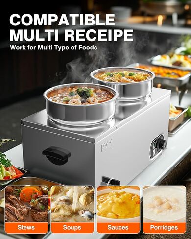 PYY Soup Warmer Commercial - Two 7.4QT Stainless Steel Bain Marie Round Pot 86~185°F Adjustable Temp, 1500W Electric Soup Warmer Countertop with Anti-Dry Burn and Reset Button for Restaurant, Buffet in Saudi Arabia