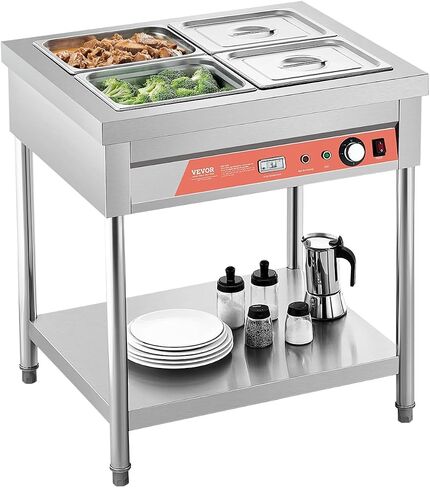 VEVOR Commercial Food Warmer, 8 Pans + 2 Pots Electric Steam Table, 1800W Professional Buffet Catering Food Warmer with Shield Undershelf Wheels, Stainless Steel Server for Party Restaurant in Saudi Arabia