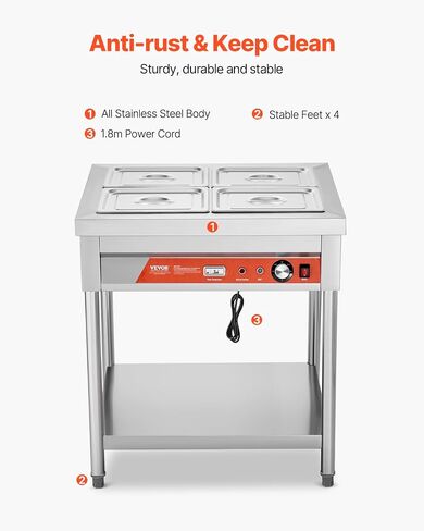 VEVOR Commercial Food Warmer, 8 Pans + 2 Pots Electric Steam Table, 1800W Professional Buffet Catering Food Warmer with Shield Undershelf Wheels, Stainless Steel Server for Party Restaurant in Saudi Arabia