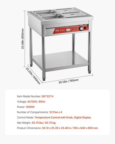 VEVOR Commercial Food Warmer, 8 Pans + 2 Pots Electric Steam Table, 1800W Professional Buffet Catering Food Warmer with Shield Undershelf Wheels, Stainless Steel Server for Party Restaurant in Saudi Arabia