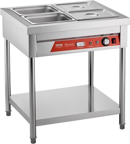 VEVOR Commercial Food Warmer, 8 Pans + 2 Pots Electric Steam Table, 1800W Professional Buffet Catering Food Warmer with Shield Undershelf Wheels, Stainless Steel Server for Party Restaurant in Saudi Arabia