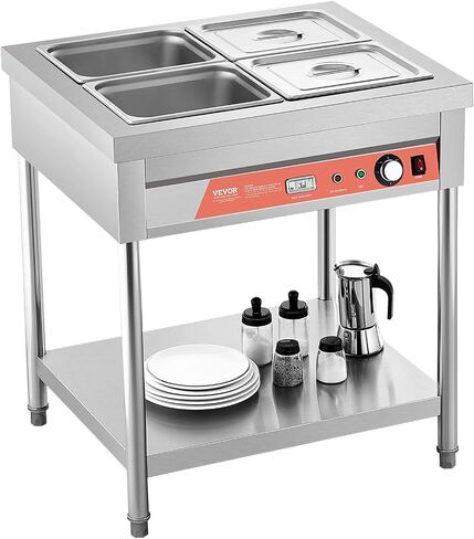 VEVOR Commercial Food Warmer, 8 Pans + 2 Pots Electric Steam Table, 1800W Professional Buffet Catering Food Warmer with Shield Undershelf Wheels, Stainless Steel Server for Party Restaurant in Saudi Arabia