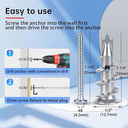 Metal Self Drilling Drywall Anchors, 101PCS Hollow Wall Anchors and Screws Kit, with Specialized Bit, Heavy Duty Sheetrock Anchors + #8×1-3/8 Screws, Easy for Wall, Shelve, Hanging and Mounting in Saudi Arabia