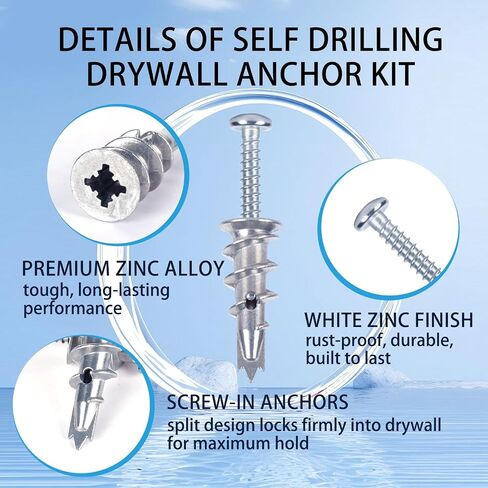 Metal Self Drilling Drywall Anchors, 101PCS Hollow Wall Anchors and Screws Kit, with Specialized Bit, Heavy Duty Sheetrock Anchors + #8×1-3/8 Screws, Easy for Wall, Shelve, Hanging and Mounting in Saudi Arabia