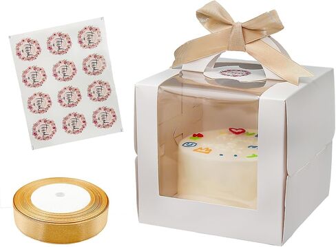 12 Set 6x6x6 Inches Cake Boxes with Boards-（12 Boxes with Handles & 12 Borads & 70ft Silk Ribbon and 12Pcs Stickers） in Saudi Arabia