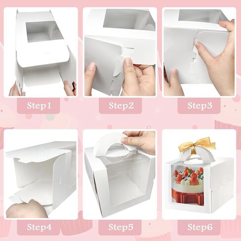 12 Set 6x6x6 Inches Cake Boxes with Boards-（12 Boxes with Handles & 12 Borads & 70ft Silk Ribbon and 12Pcs Stickers） in Saudi Arabia