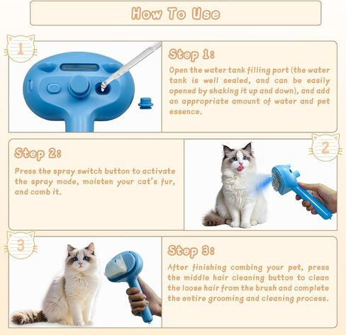 5-in-1 Pet Steam Brush-Cat Steam Brush, Combing, Massaging, Grooming, Shedding, Cleaning in Cat Brushes for Indoor Cats, Suitable for Cats, Dogs and Other Short ＆ Long-Haired Pets(Blue) in Saudi Arabia