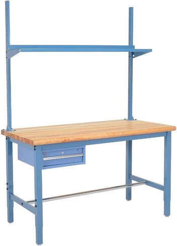 Global Industrial 60 "W X 30" D Workbench ، 1-5/8 "حافة السلامة من القيقب السميكة مع درج ، مستقيم ، رف ، أزرق in Saudi Arabia