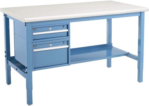 Global Industrial 60 "W X 30" D Workbench ، 1-5/8 "حافة سلامة الصفائح البلاستيكية السميكة مع الأدراج والرف ، الأزرق in Saudi Arabia