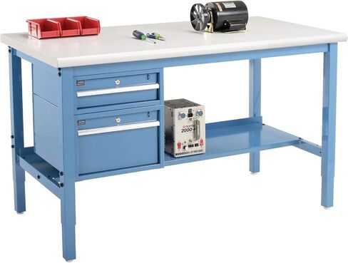 Global Industrial 60 "W X 30" D Workbench ، 1-5/8 "حافة سلامة الصفائح البلاستيكية السميكة مع الأدراج والرف ، الأزرق in Saudi Arabia