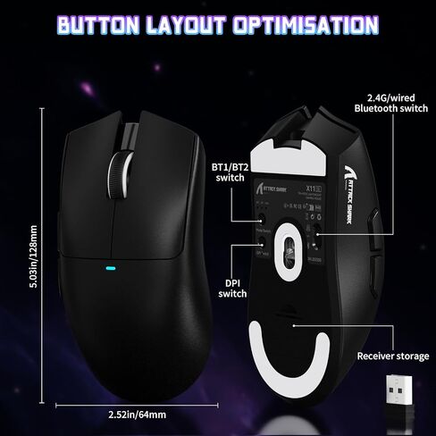الهجوم Shark X11SE Mouse Lightweight Wireless Gaming Mouse ، 59g Tri-Mode BT/2.4g Mouse Wireless/Wired Gaming Mouse ، Pixart PAW3111 Gaming Sensor ، 22000 dpi ، فئران المكتب للكمبيوتر الشخصي/Xbox/Win/Mac (أسود) in Kuwait