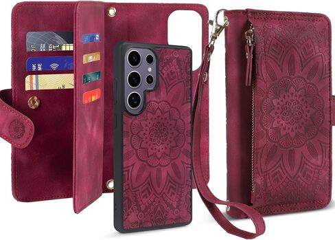 Harryshell Compatible with Samsung Galaxy S25 Ultra Wallet Detachable Magnetic Phone Case Wireless Charging [RFID Blocking] Card Slots, Cash Zipper Pocket Wrist Strap 6.9" (Floral Blue Green) in Saudi Arabia