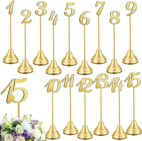 MAITYS 15 PCS أرقام الجدول المعدنية 1-15 رقم الجدول يقف لحفل الزفاف 8 بوصة الحفلات علامة على مقعد مع قاعدة شديدة التحمل للآدانات حفلات حفلات الأحداث (البرونز) (البرونز) in Saudi Arabia