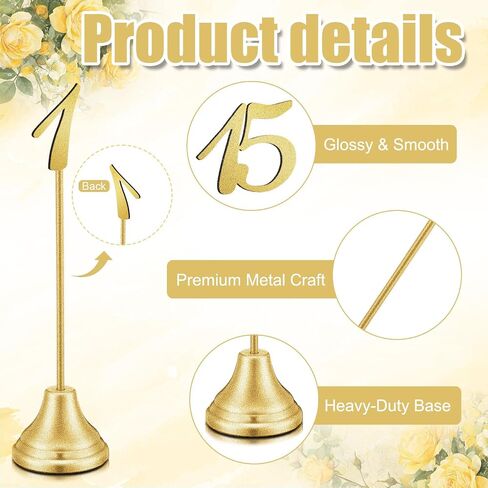 MAITYS 15 PCS أرقام الجدول المعدنية 1-15 رقم الجدول يقف لحفل الزفاف 8 بوصة الحفلات علامة على مقعد مع قاعدة شديدة التحمل للآدانات حفلات حفلات الأحداث (البرونز) (البرونز) in Saudi Arabia