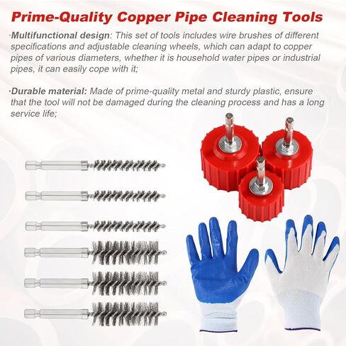 10pcs منظف أنابيب النحاس النحاسية مجموعة من فرشاة أنابيب 1/2 "3/4" 1 "و 6pcs مجموعة منظف أنابيب الأنبوب المعدنية مع قفازات لتنظيف أنابيب الأدوات النحاسية بتنظيف بتنظيف. in Saudi Arabia