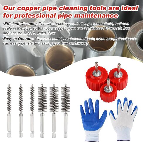 10pcs منظف أنابيب النحاس النحاسية مجموعة من فرشاة أنابيب 1/2 "3/4" 1 "و 6pcs مجموعة منظف أنابيب الأنبوب المعدنية مع قفازات لتنظيف أنابيب الأدوات النحاسية بتنظيف بتنظيف. in Saudi Arabia