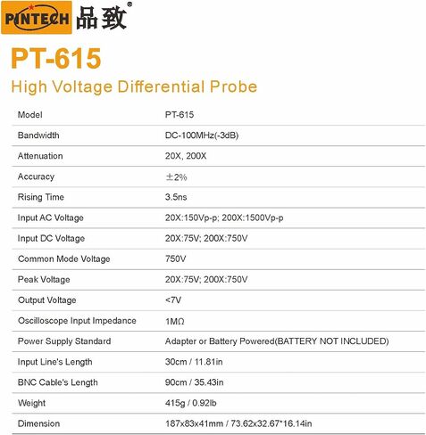 PINTECH OSCILLSOSCOPE PROBE 1500V ، 100 ميجا هرتز الجهد العالي مجموعة التحقيق التفاضلي 3.5NS الوقت الصعود 1: 20/200 معدل التوهين ، PT-615 in Kuwait