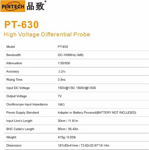 PINTECH OSCILLSOSCOPE PROBE 1500V ، 100 ميجا هرتز الجهد العالي مجموعة التحقيق التفاضلي 3.5NS الوقت الصعود 1: 20/200 معدل التوهين ، PT-615 in Saudi Arabia