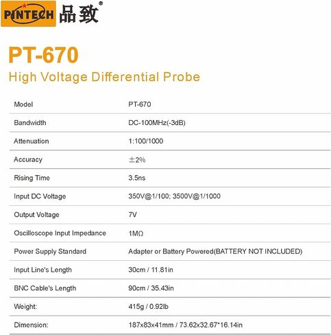 PINTECH OSCILLSOSCOPE PROBE 1500V ، 100 ميجا هرتز الجهد العالي مجموعة التحقيق التفاضلي 3.5NS الوقت الصعود 1: 20/200 معدل التوهين ، PT-615 in Kuwait