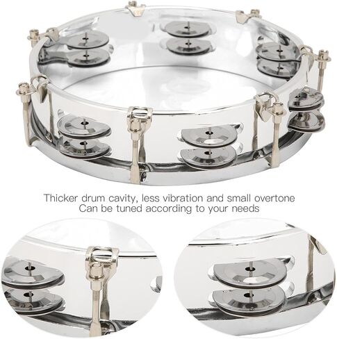 8in Tambourine Adjustable Tone Hand Drum Hand Held Percussion Educational Musical Instrument Cymbal Bells Double Row Jingle Bells with Drum Key(Transparent) in Kuwait